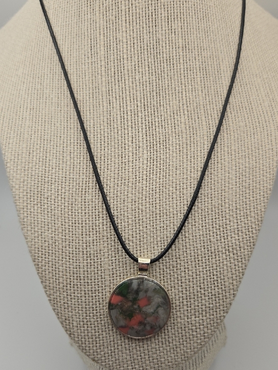 Erins Lovely Creations Jewelry - #297- Round Red and Green Clay Pendant Necklace on Black Cord